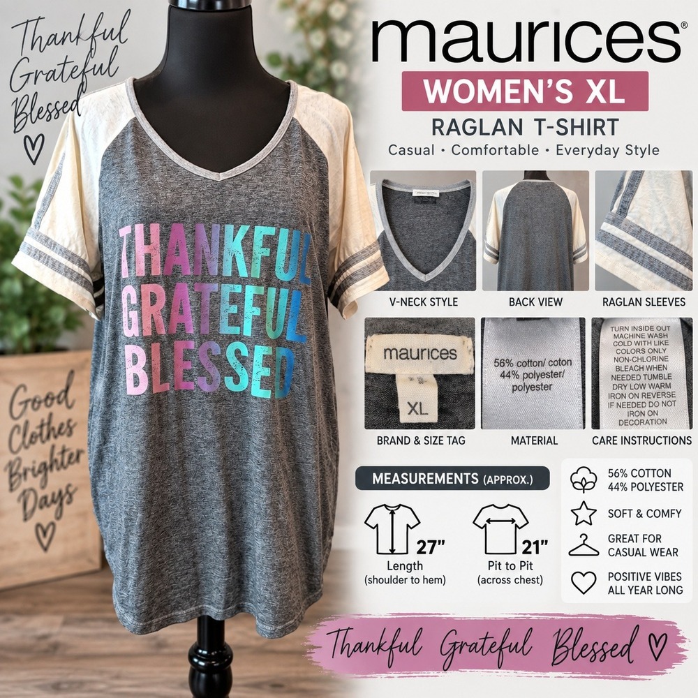 Maurices Womens XL Raglan T-Shirt Gray Thankful Grateful Blessed Graphic V-Neck